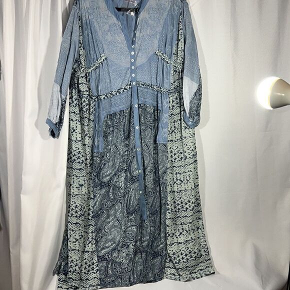 Free People Oh My Maxi Top Dress Duster Patchwork Piecing Indigo Button New - Picture 8 of 8